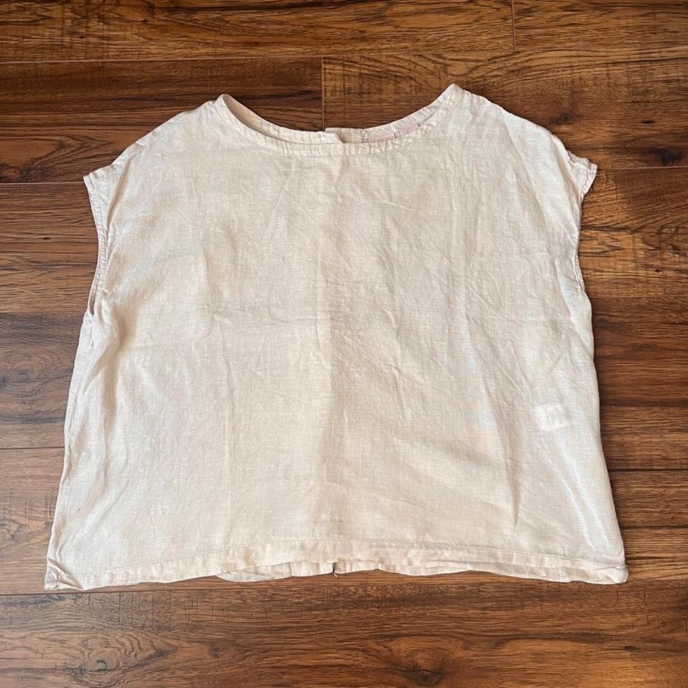 St Tropez West 100% Linen Short Sleeve Blouse Beige Women L Minimalist Coastal